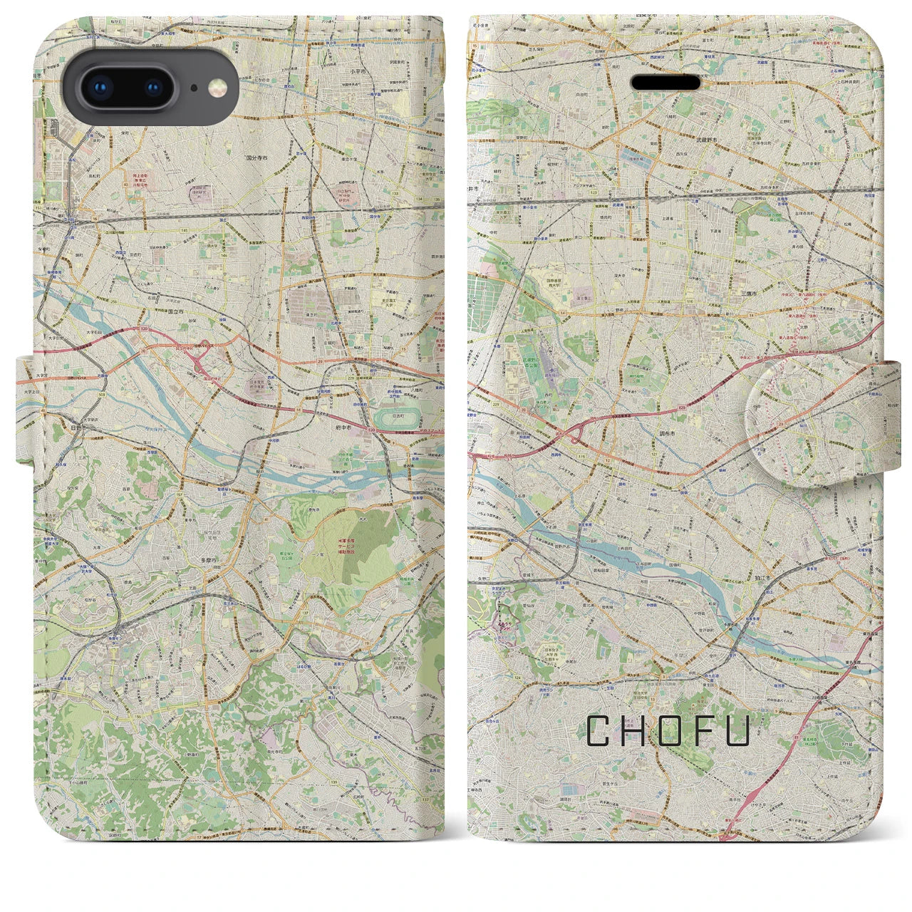 【調布2(東京都)】地図柄iPhoneケース(手帳タイプ)ナチュラル・iPhone 8Plus /7Plus / 6sPlus / 6Plus 用