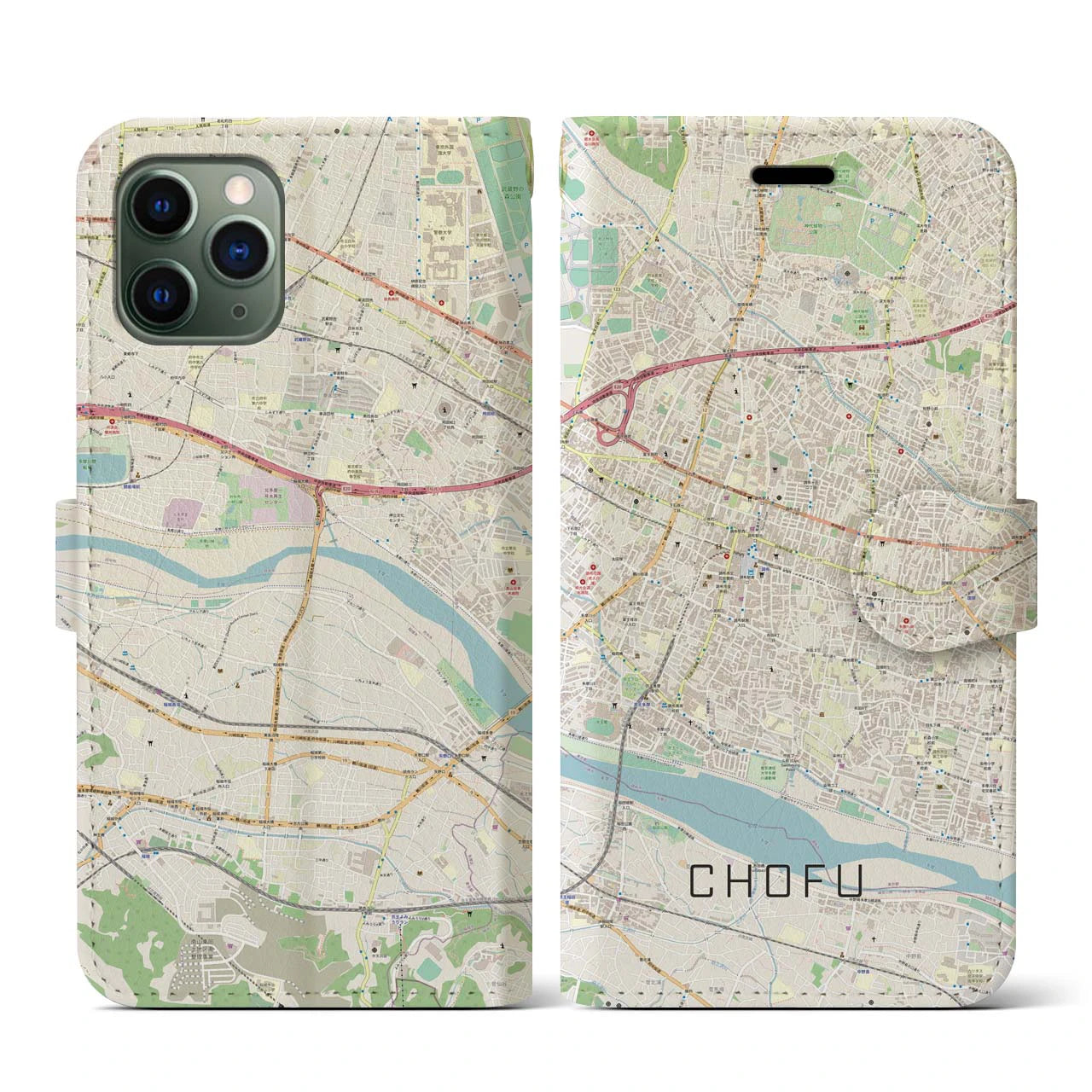 【調布(東京都)】地図柄iPhoneケース(手帳タイプ)ナチュラル・iPhone 11 Pro 用