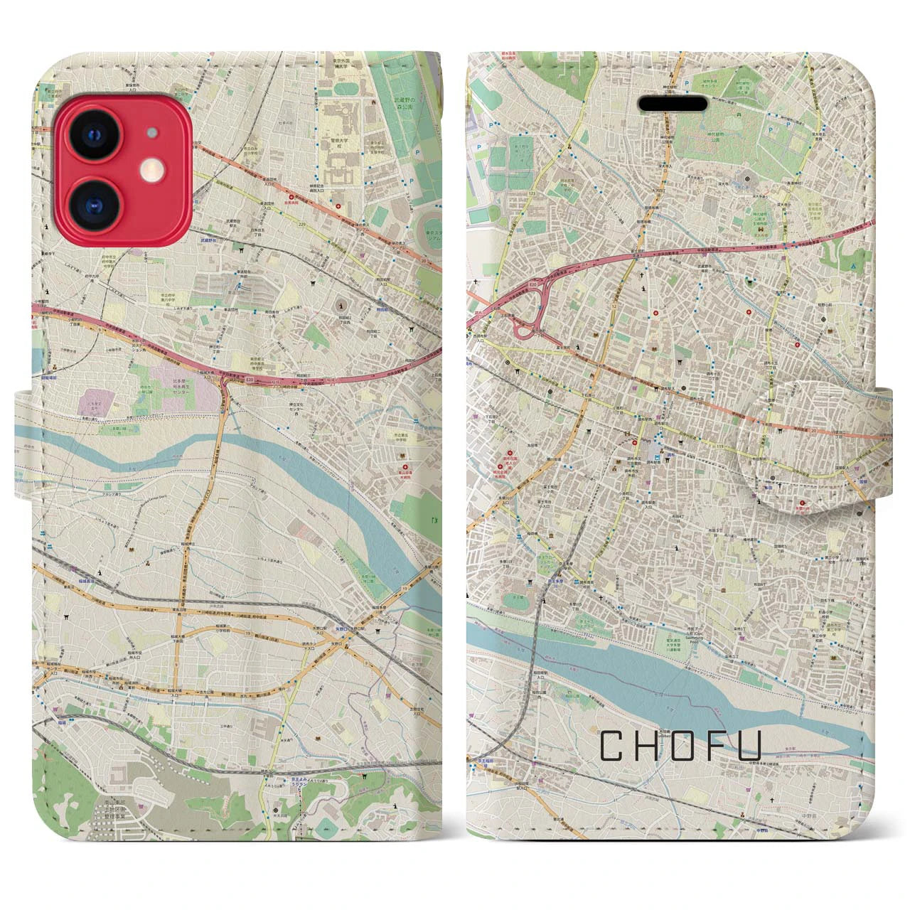 【調布(東京都)】地図柄iPhoneケース(手帳タイプ)ナチュラル・iPhone 11 用
