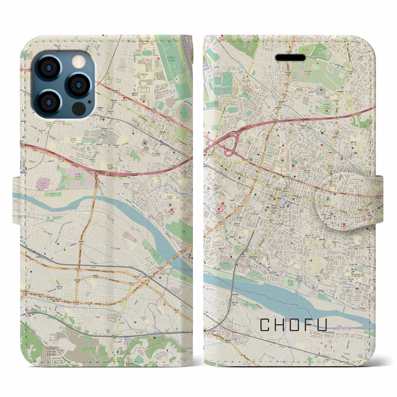 【調布(東京都)】地図柄iPhoneケース(手帳タイプ)ナチュラル・iPhone 12 / 12 Pro 用