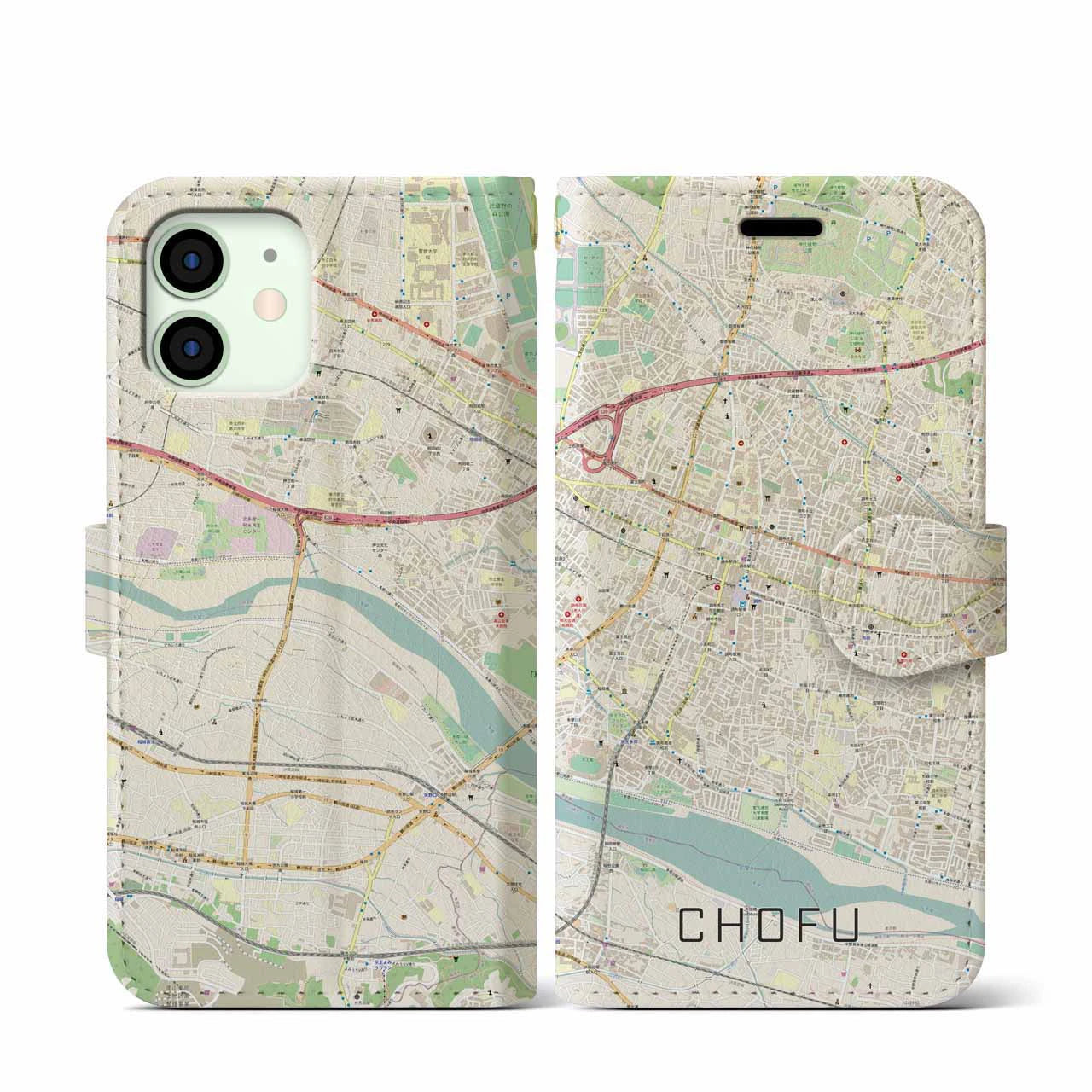 【調布(東京都)】地図柄iPhoneケース(手帳タイプ)ナチュラル・iPhone 12 mini 用