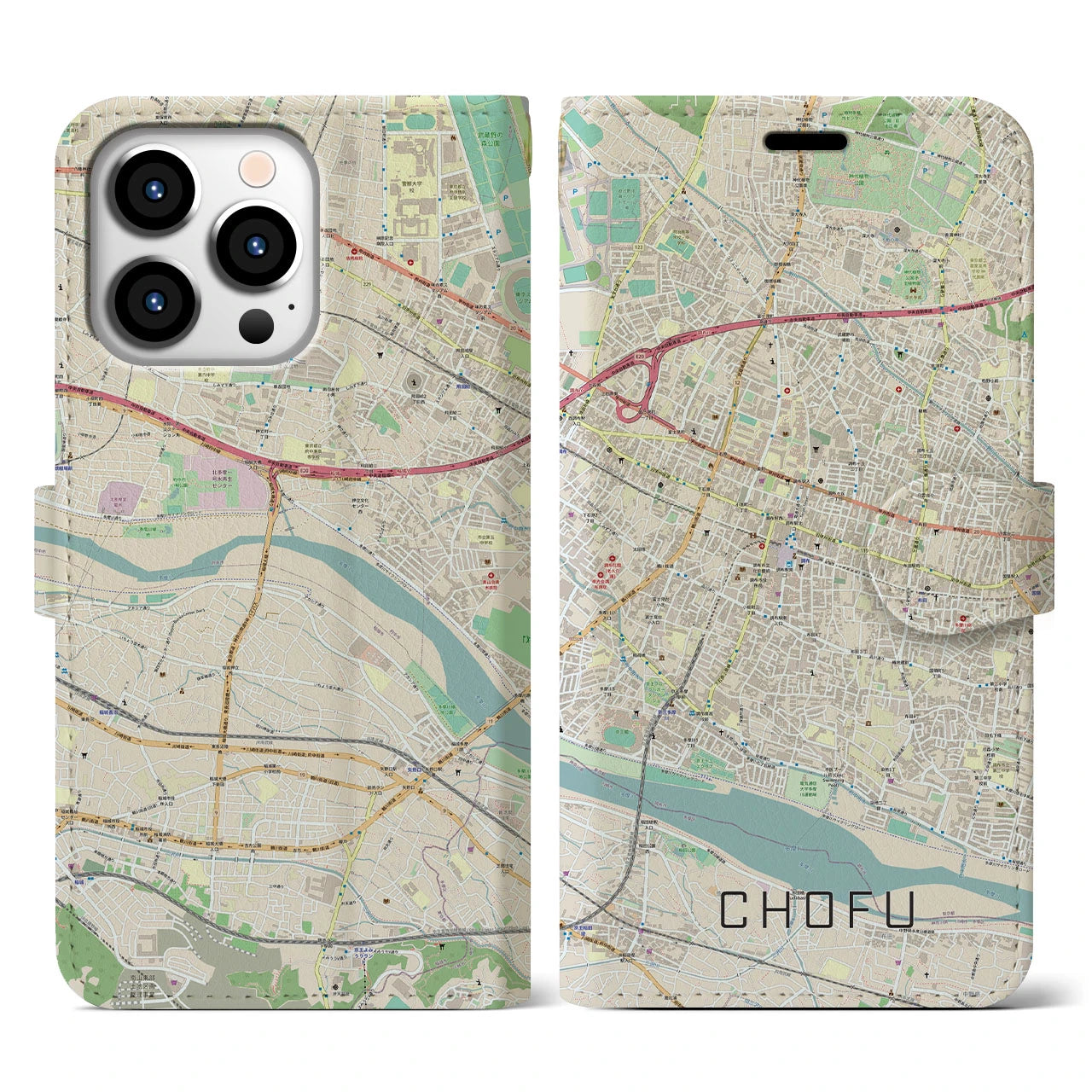 【調布(東京都)】地図柄iPhoneケース(手帳タイプ)ナチュラル・iPhone 13 Pro 用