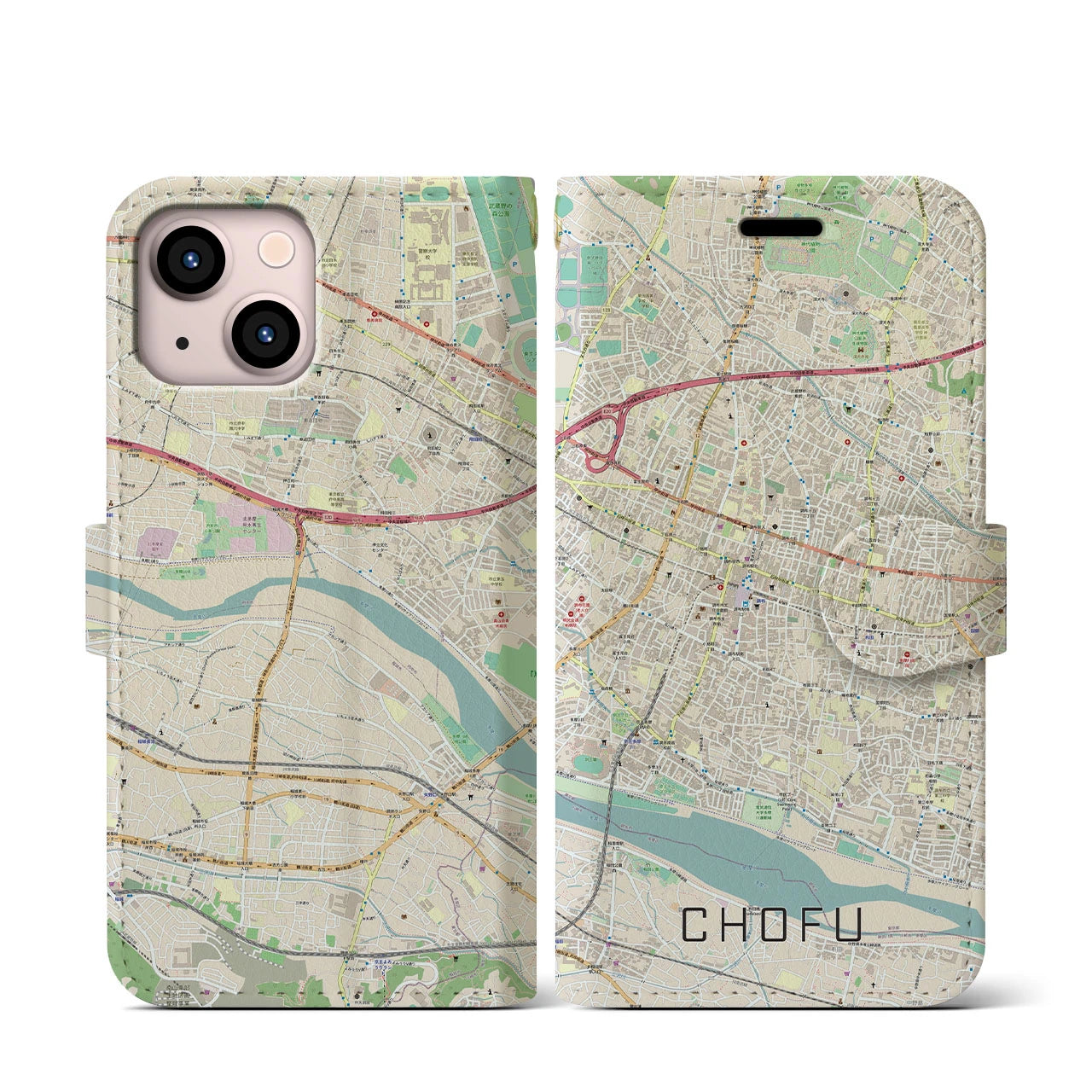 【調布(東京都)】地図柄iPhoneケース(手帳タイプ)ナチュラル・iPhone 13 mini 用
