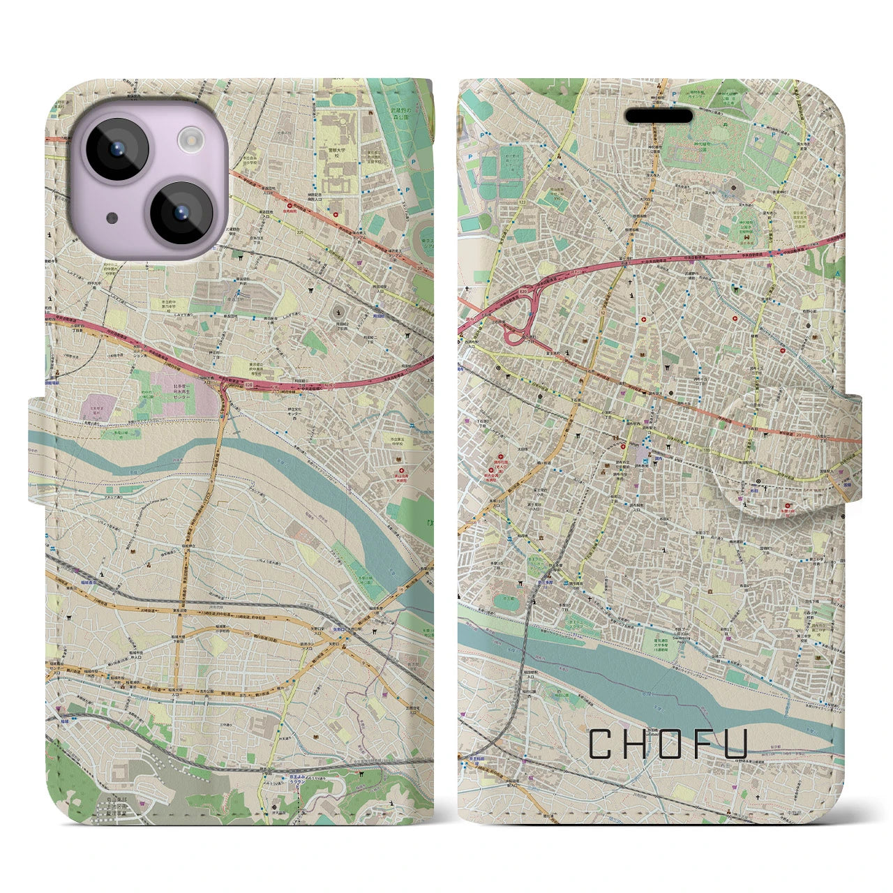【調布(東京都)】地図柄iPhoneケース(手帳タイプ)ナチュラル・iPhone 14 用