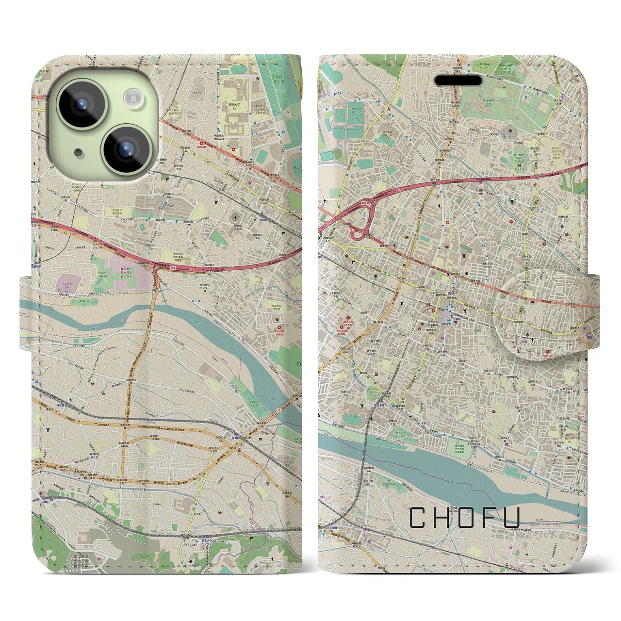【調布(東京都)】地図柄iPhoneケース(手帳タイプ)ナチュラル・iPhone 15 用