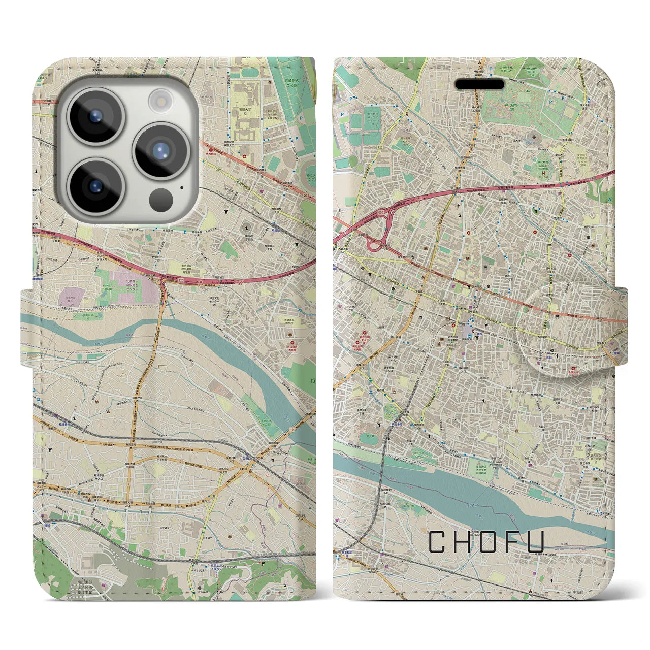 【調布(東京都)】地図柄iPhoneケース(手帳タイプ)ナチュラル・iPhone 15 Pro 用