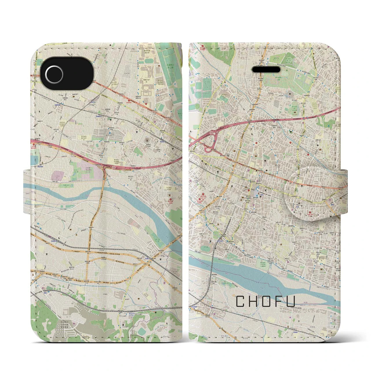 【調布(東京都)】地図柄iPhoneケース(手帳タイプ)ナチュラル・iPhone SE(第3 / 第2世代) / 8 / 7 / 6s / 6 用