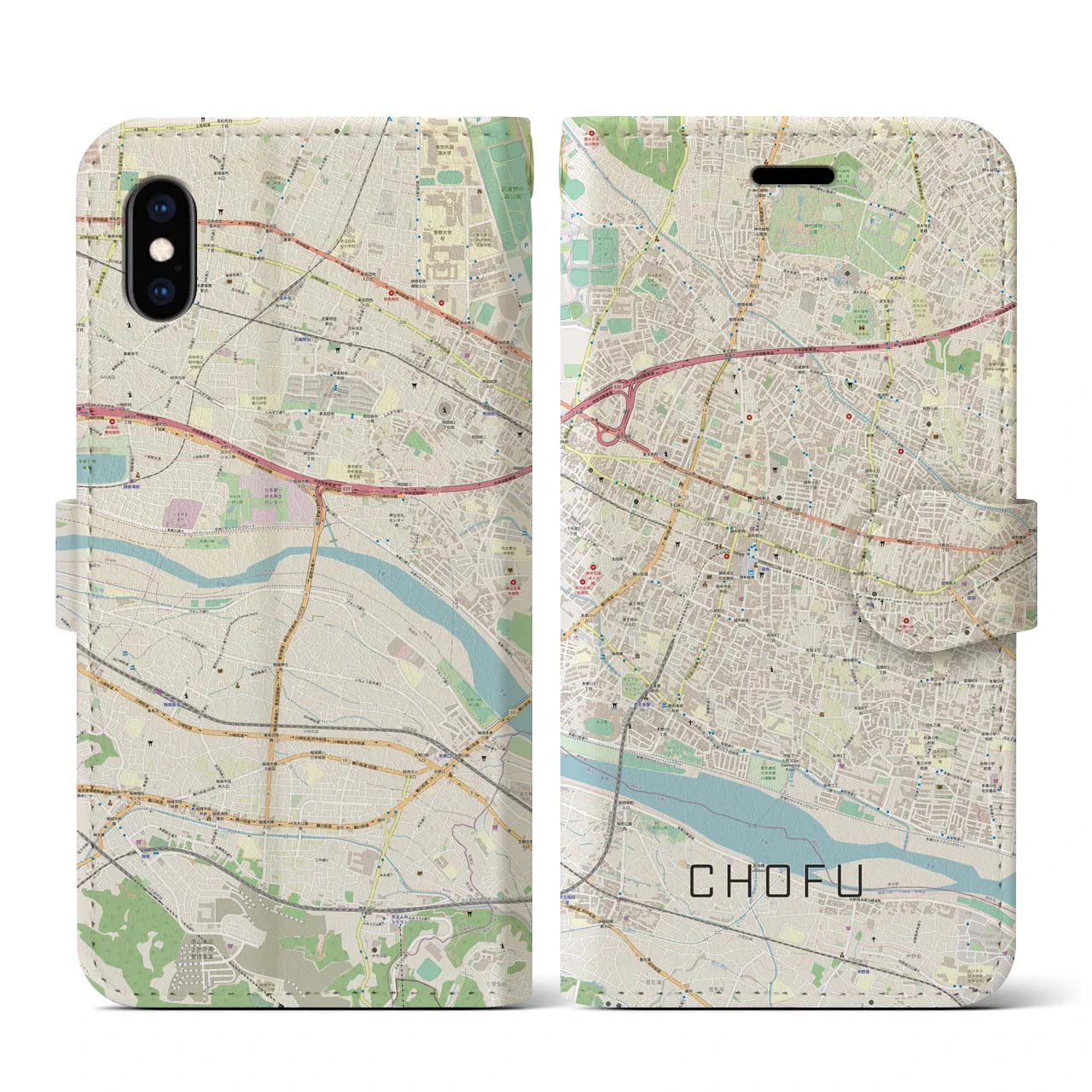 【調布(東京都)】地図柄iPhoneケース(手帳タイプ)ナチュラル・iPhone XS / X 用