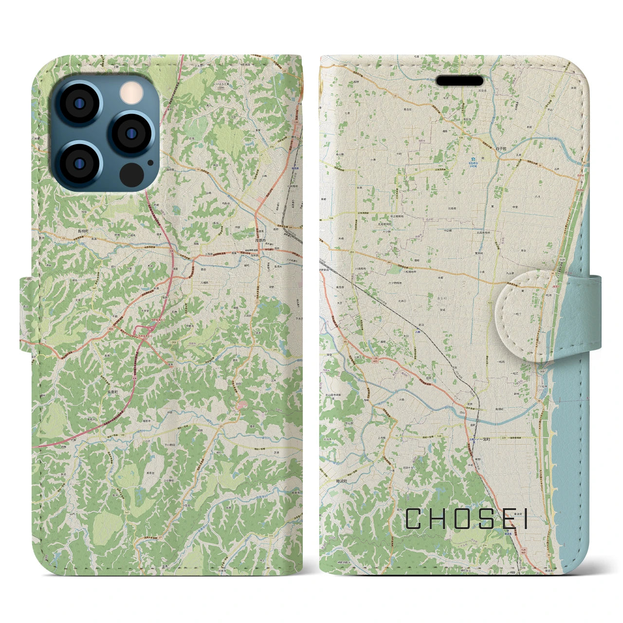 【長生(千葉県)】地図柄iPhoneケース(手帳タイプ)ナチュラル・iPhone 12 / 12 Pro 用