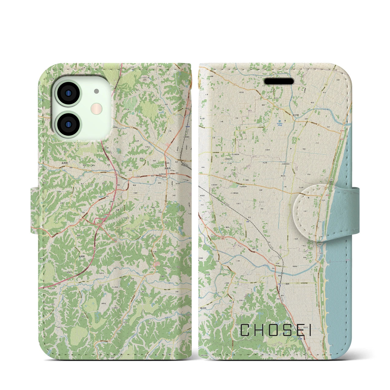 【長生(千葉県)】地図柄iPhoneケース(手帳タイプ)ナチュラル・iPhone 12 mini 用