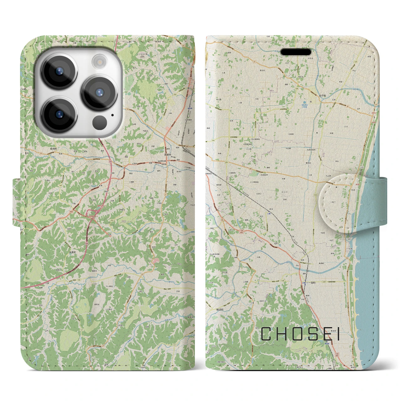 【長生(千葉県)】地図柄iPhoneケース(手帳タイプ)ナチュラル・iPhone 14 Pro 用