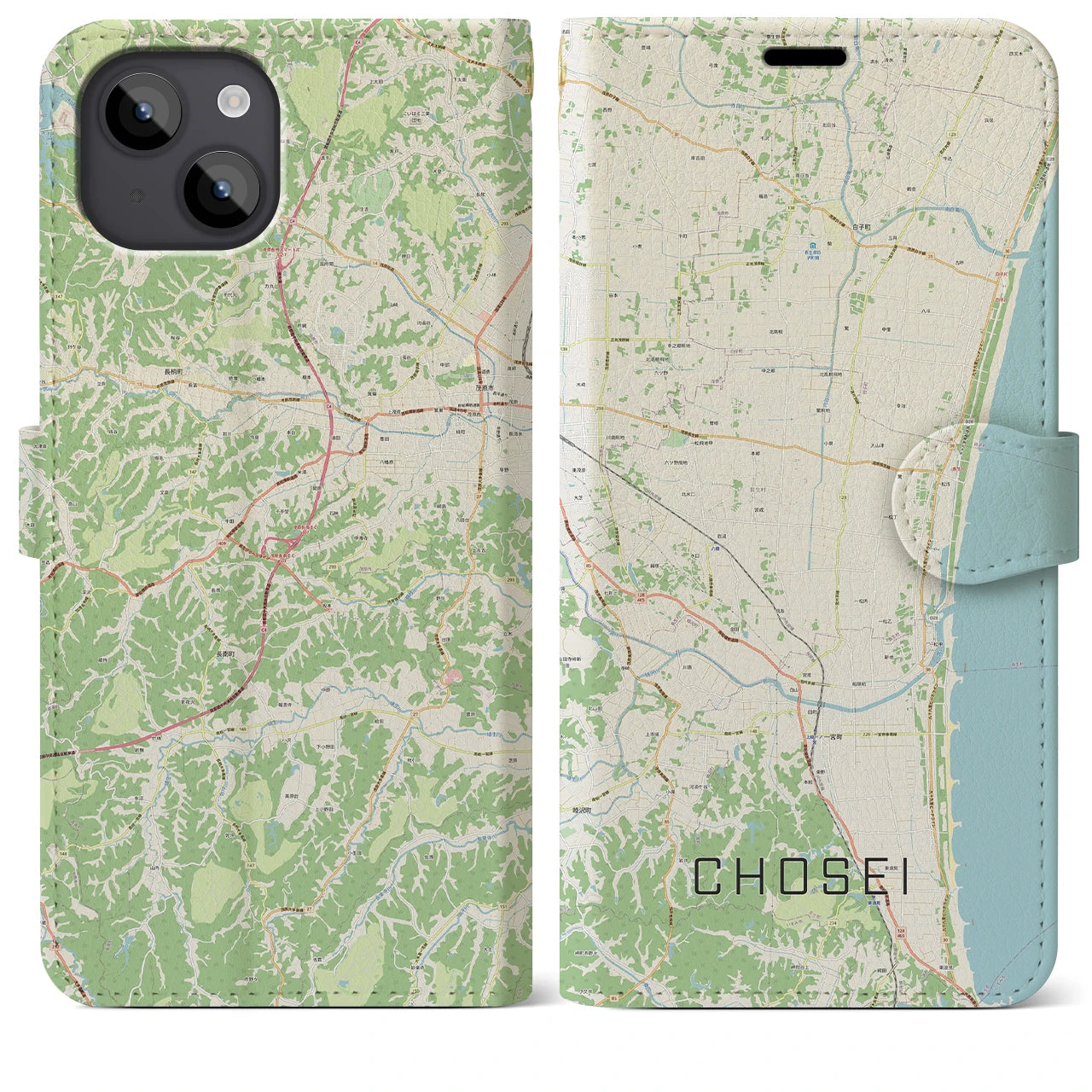 【長生(千葉県)】地図柄iPhoneケース(手帳タイプ)ナチュラル・iPhone 14 Plus 用