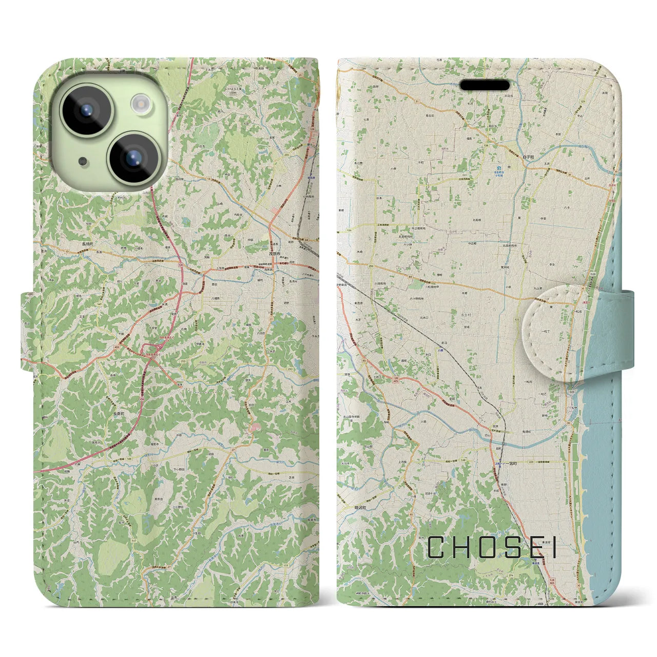【長生(千葉県)】地図柄iPhoneケース(手帳タイプ)ナチュラル・iPhone 15 用