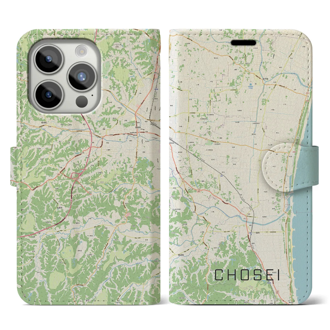 【長生(千葉県)】地図柄iPhoneケース(手帳タイプ)ナチュラル・iPhone 15 Pro 用