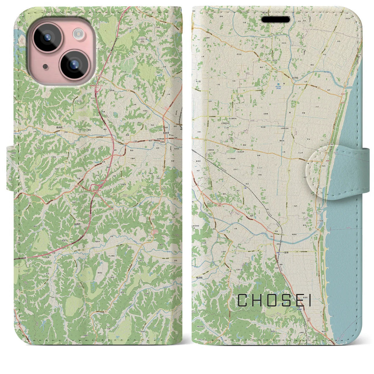 【長生(千葉県)】地図柄iPhoneケース(手帳タイプ)ナチュラル・iPhone 15 Plus 用