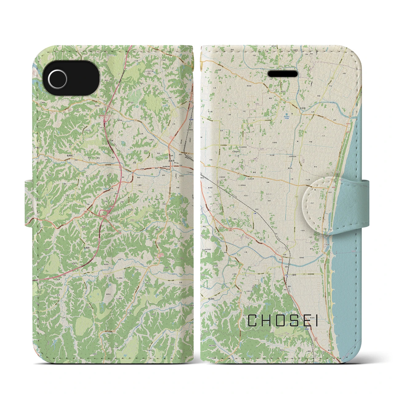 【長生(千葉県)】地図柄iPhoneケース(手帳タイプ)ナチュラル・iPhone SE(第3 / 第2世代) / 8 / 7 / 6s / 6 用