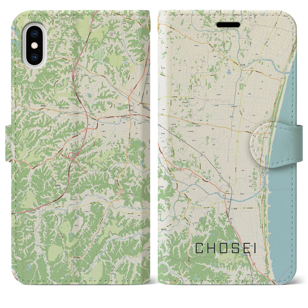 【長生(千葉県)】地図柄iPhoneケース(手帳タイプ)ナチュラル・iPhone XS Max 用