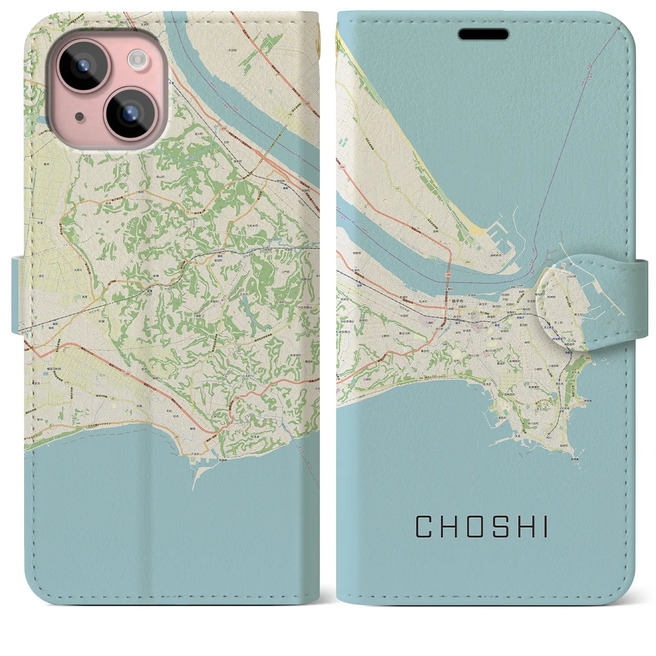 【銚子(千葉県)】地図柄iPhoneケース(手帳タイプ)ナチュラル・iPhone 15 Plus 用