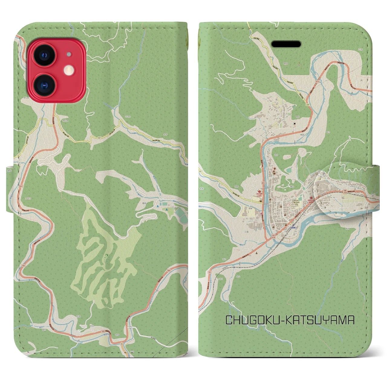【中国勝山(岡山県)】地図柄iPhoneケース(手帳タイプ)ナチュラル・iPhone 11 用