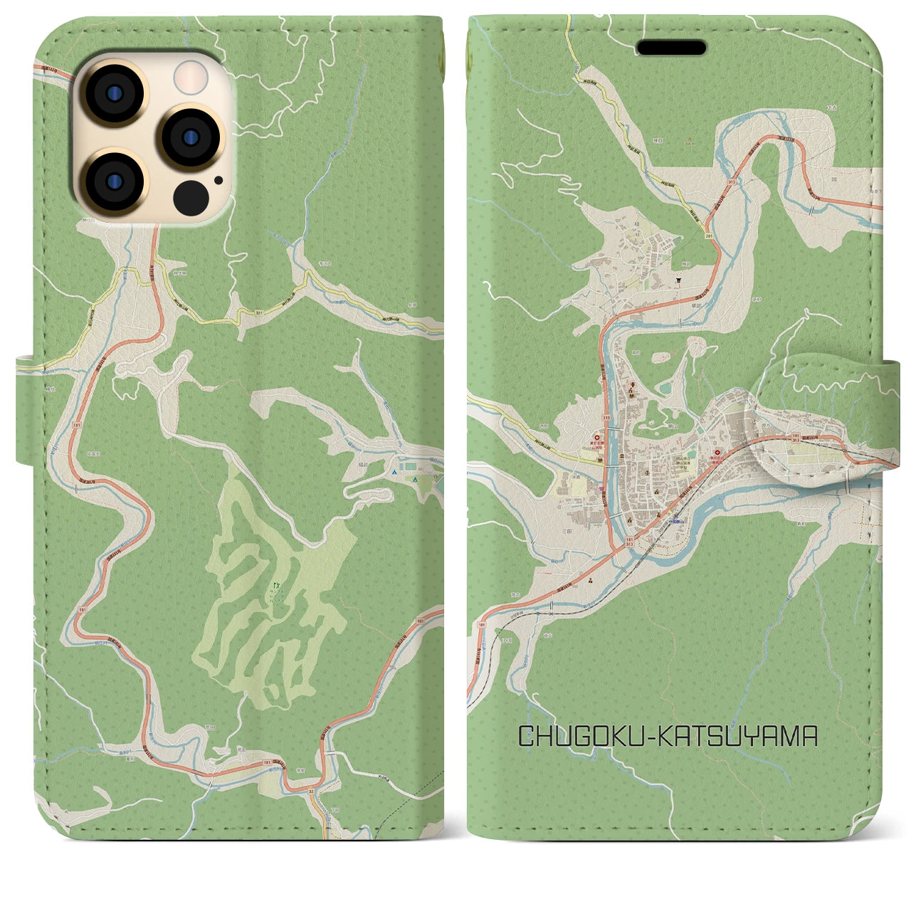 【中国勝山(岡山県)】地図柄iPhoneケース(手帳タイプ)ナチュラル・iPhone 12 Pro Max 用