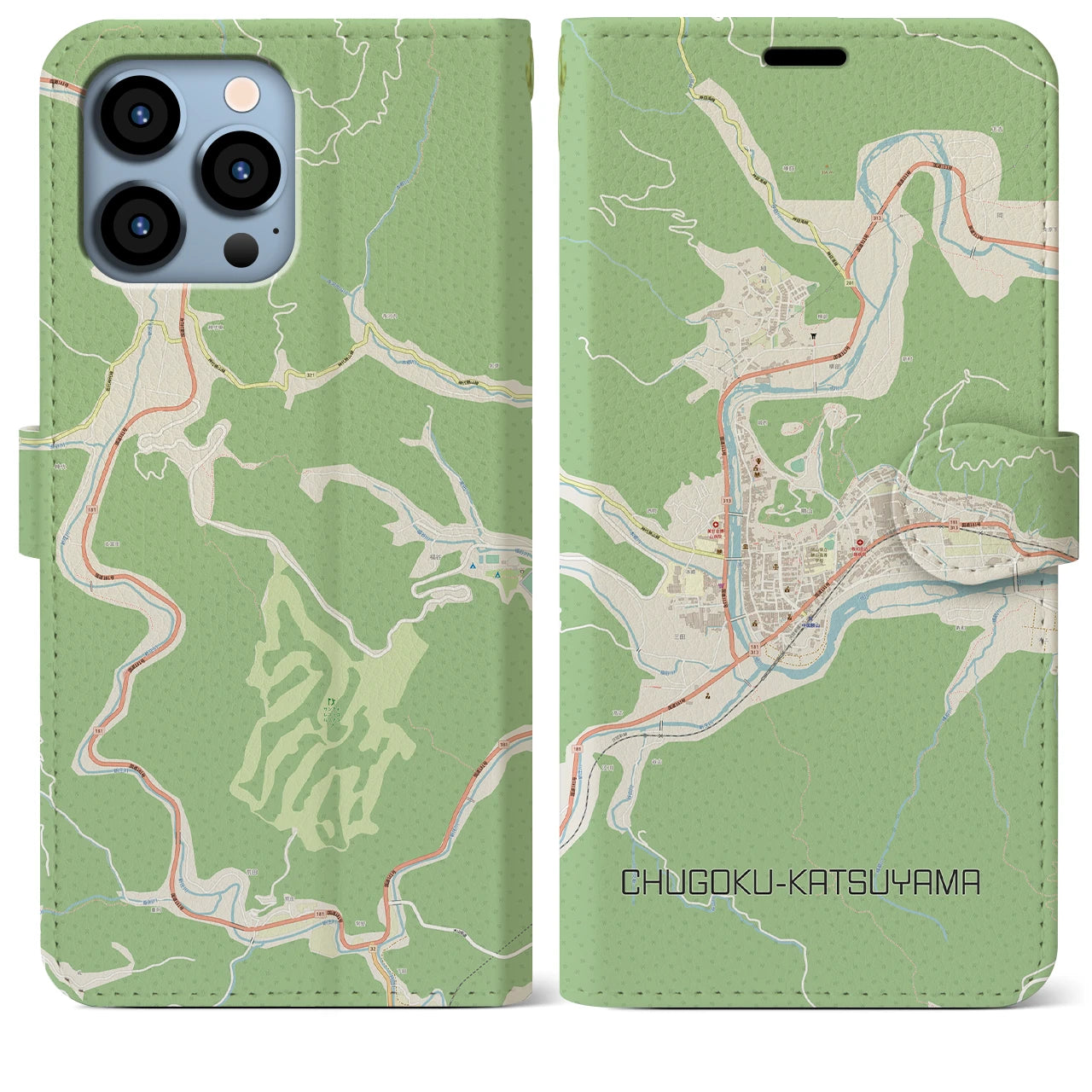【中国勝山(岡山県)】地図柄iPhoneケース(手帳タイプ)ナチュラル・iPhone 13 Pro Max 用