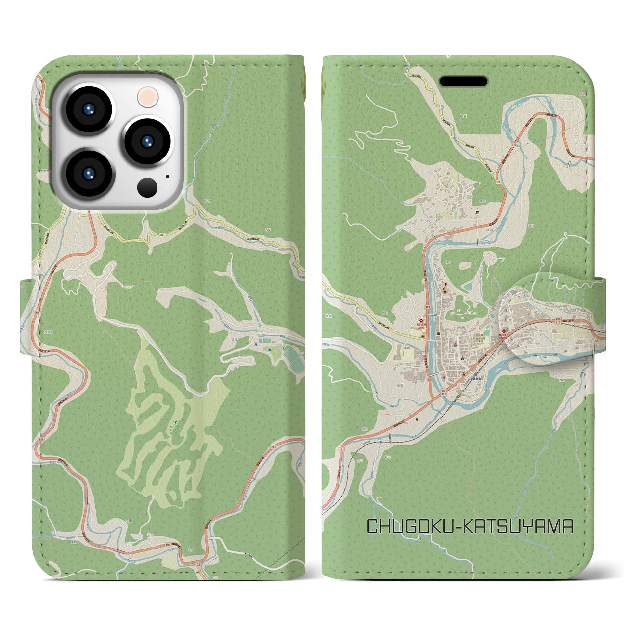 【中国勝山(岡山県)】地図柄iPhoneケース(手帳タイプ)ナチュラル・iPhone 13 Pro 用