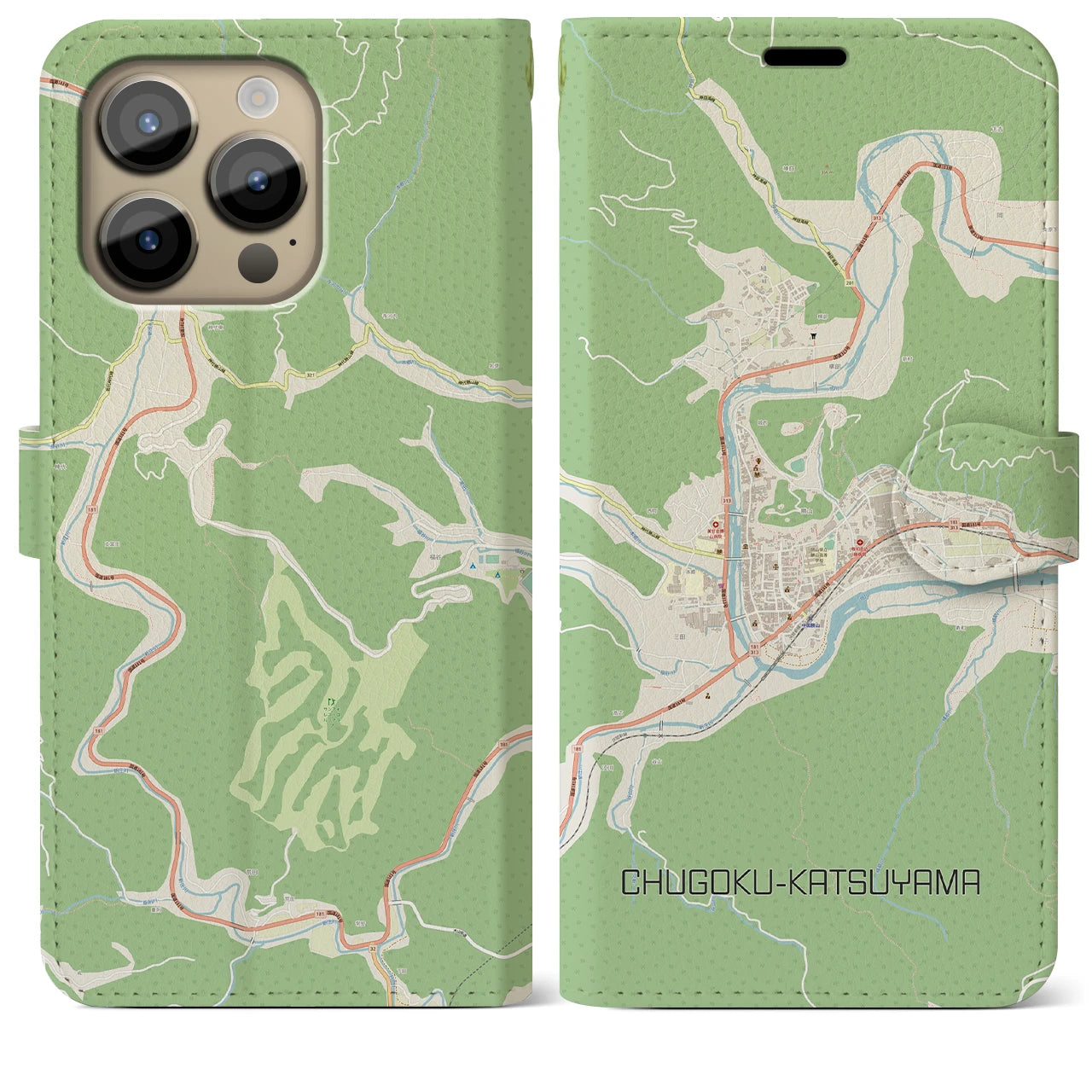 【中国勝山(岡山県)】地図柄iPhoneケース(手帳タイプ)ナチュラル・iPhone 14 Pro Max 用