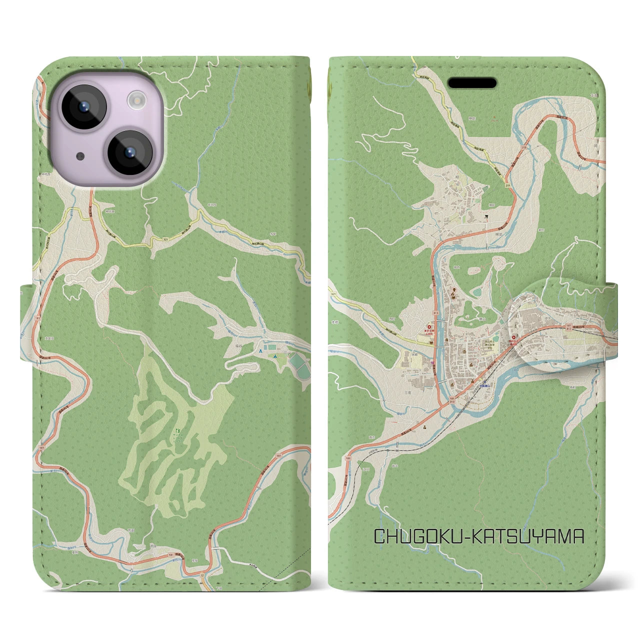 【中国勝山(岡山県)】地図柄iPhoneケース(手帳タイプ)ナチュラル・iPhone 14 用
