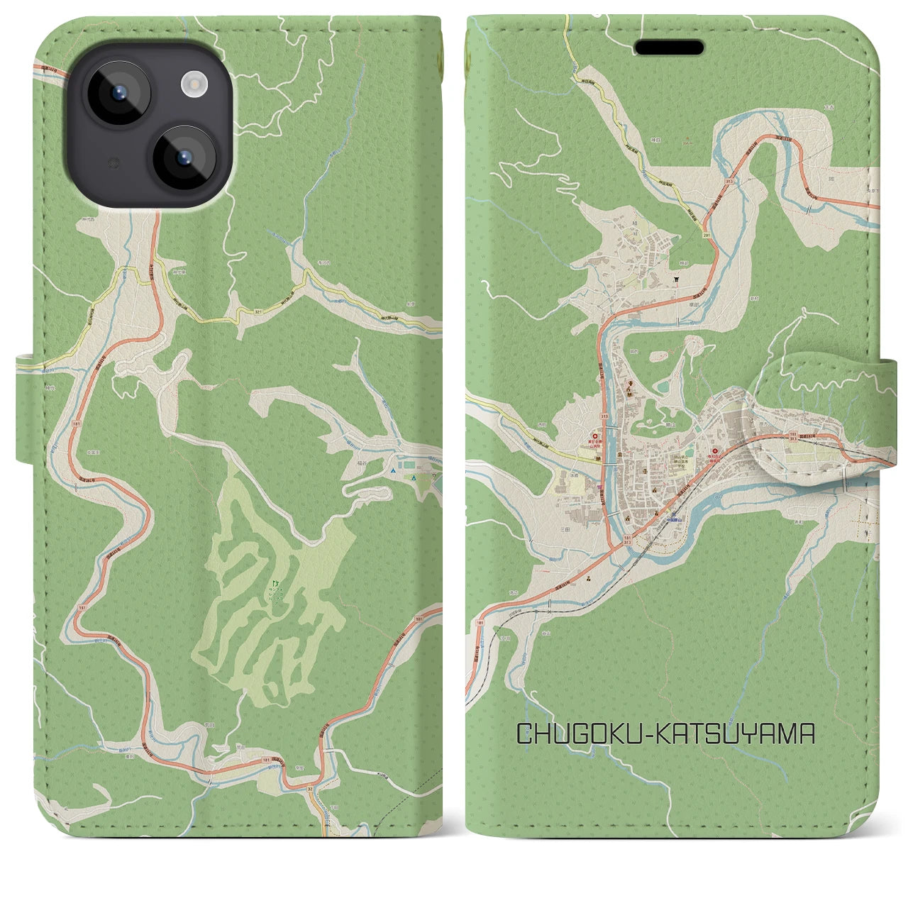 【中国勝山(岡山県)】地図柄iPhoneケース(手帳タイプ)ナチュラル・iPhone 14 Plus 用