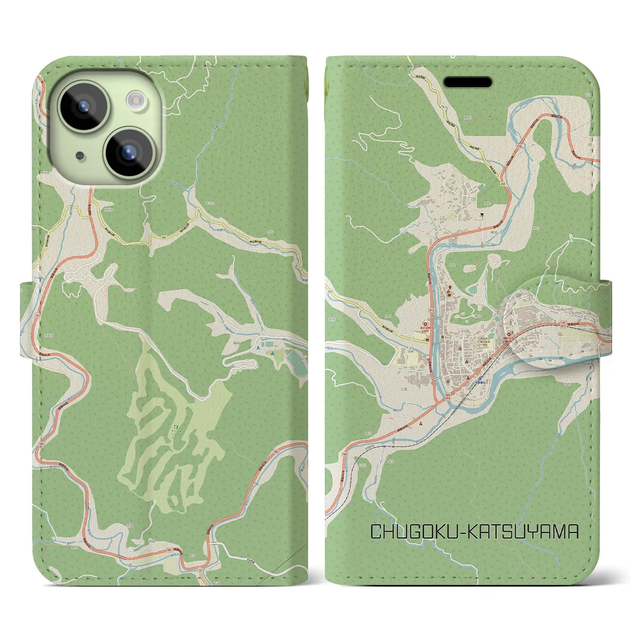 【中国勝山(岡山県)】地図柄iPhoneケース(手帳タイプ)ナチュラル・iPhone 15 用