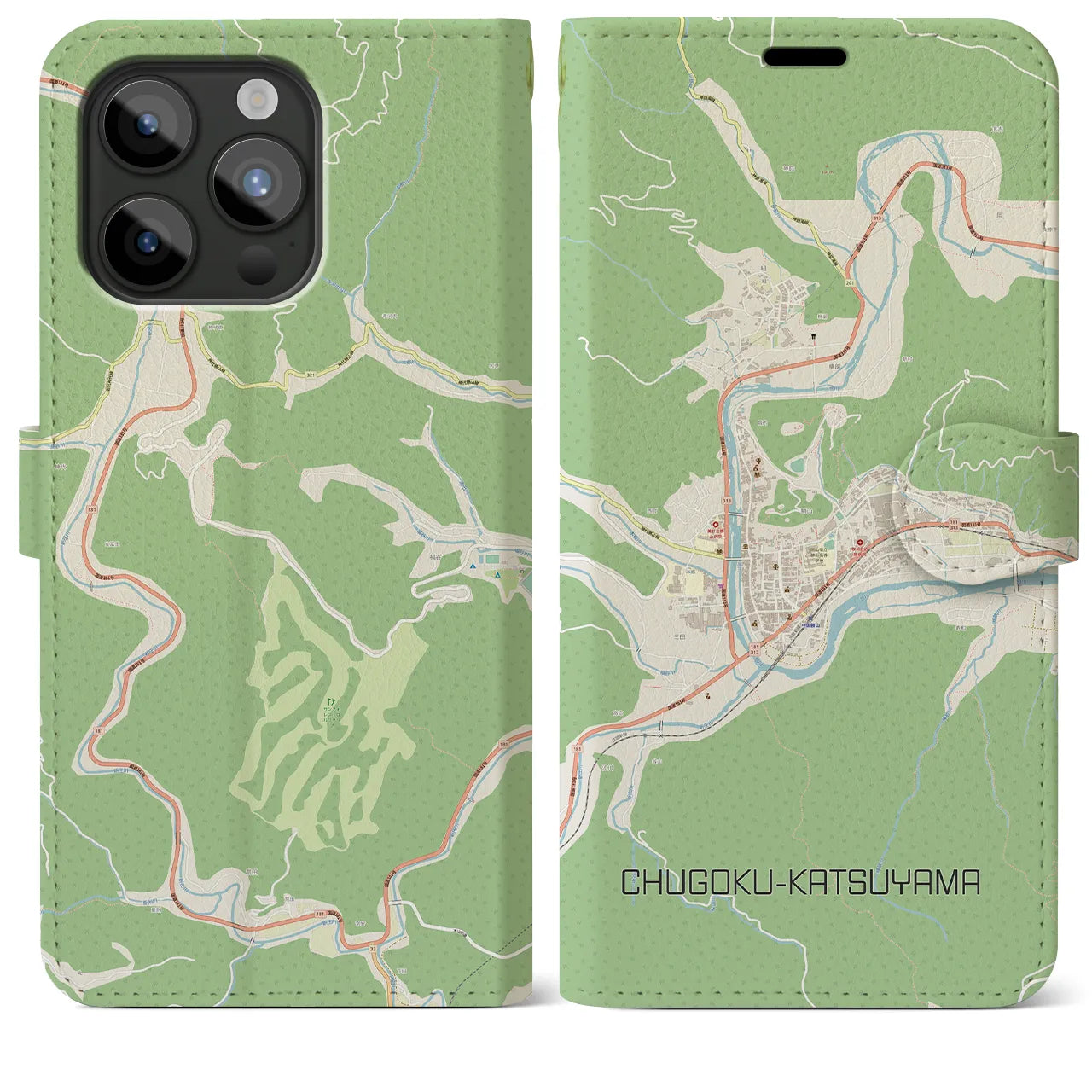 【中国勝山(岡山県)】地図柄iPhoneケース(手帳タイプ)ナチュラル・iPhone 15 Pro Max 用