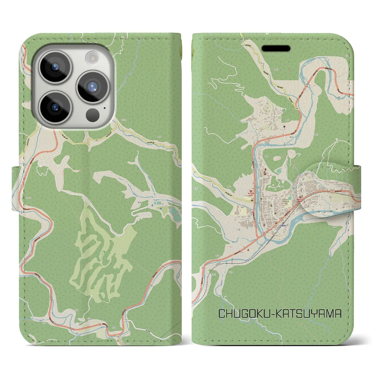 【中国勝山(岡山県)】地図柄iPhoneケース(手帳タイプ)ナチュラル・iPhone 15 Pro 用
