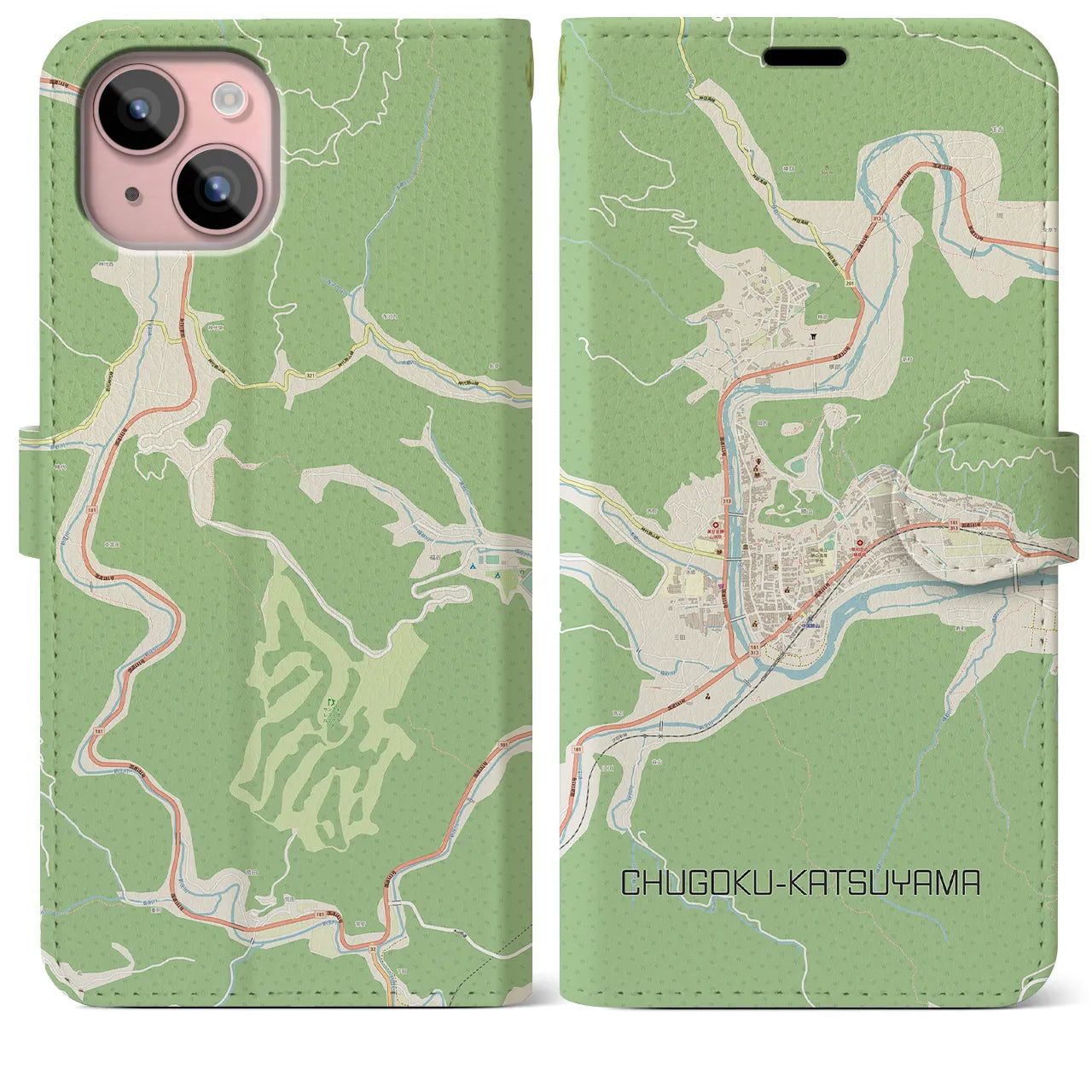 【中国勝山(岡山県)】地図柄iPhoneケース(手帳タイプ)ナチュラル・iPhone 15 Plus 用