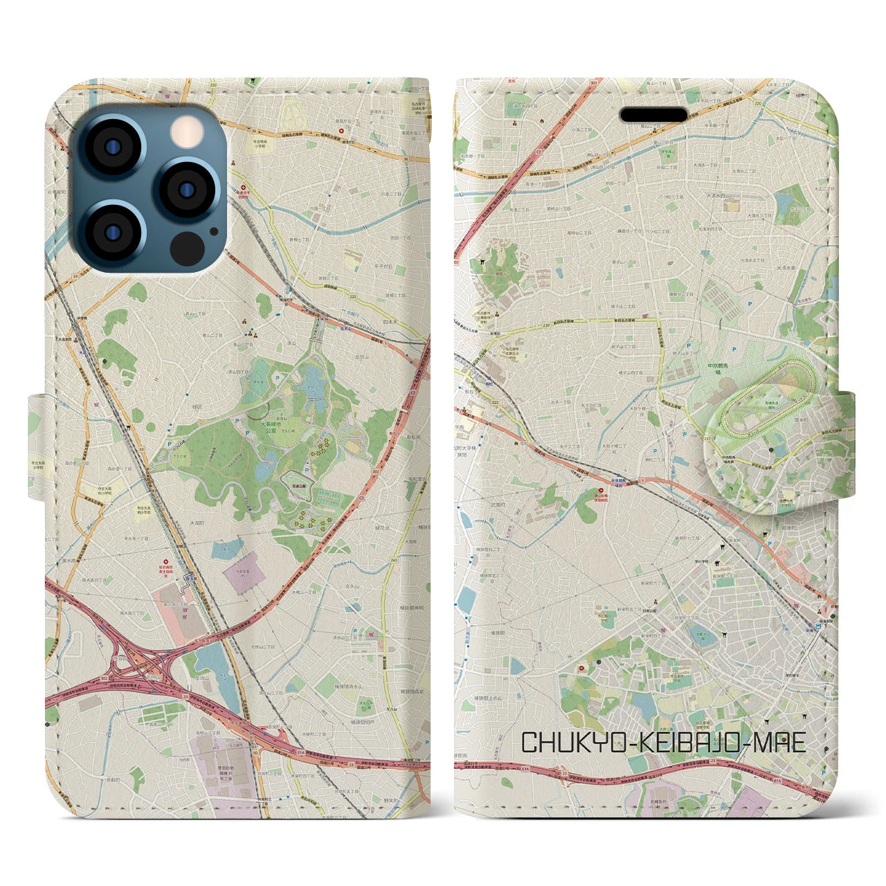 【中京競馬場前(愛知県)】地図柄iPhoneケース(手帳タイプ)ナチュラル・iPhone 12 / 12 Pro 用