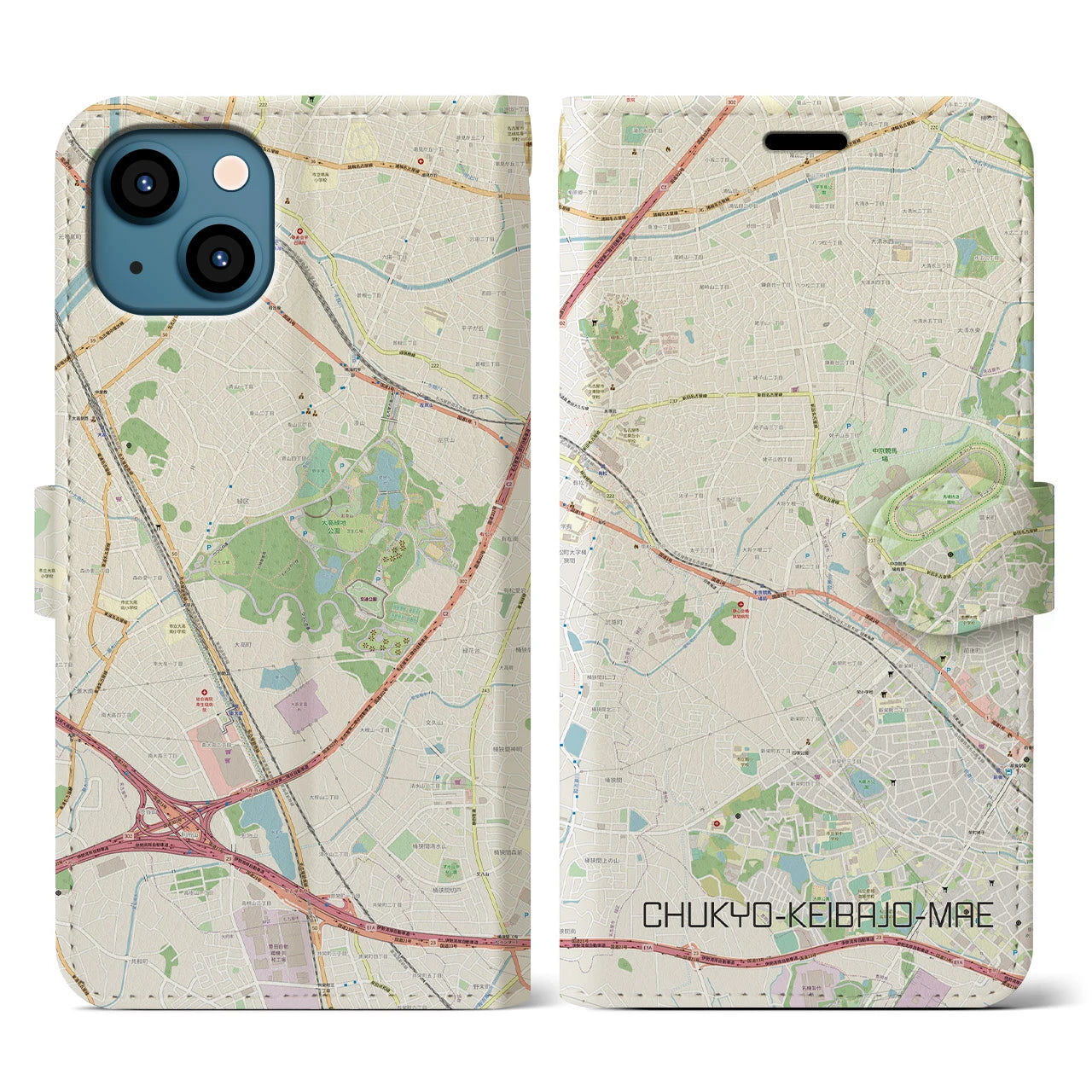 【中京競馬場前(愛知県)】地図柄iPhoneケース(手帳タイプ)ナチュラル・iPhone 13 用