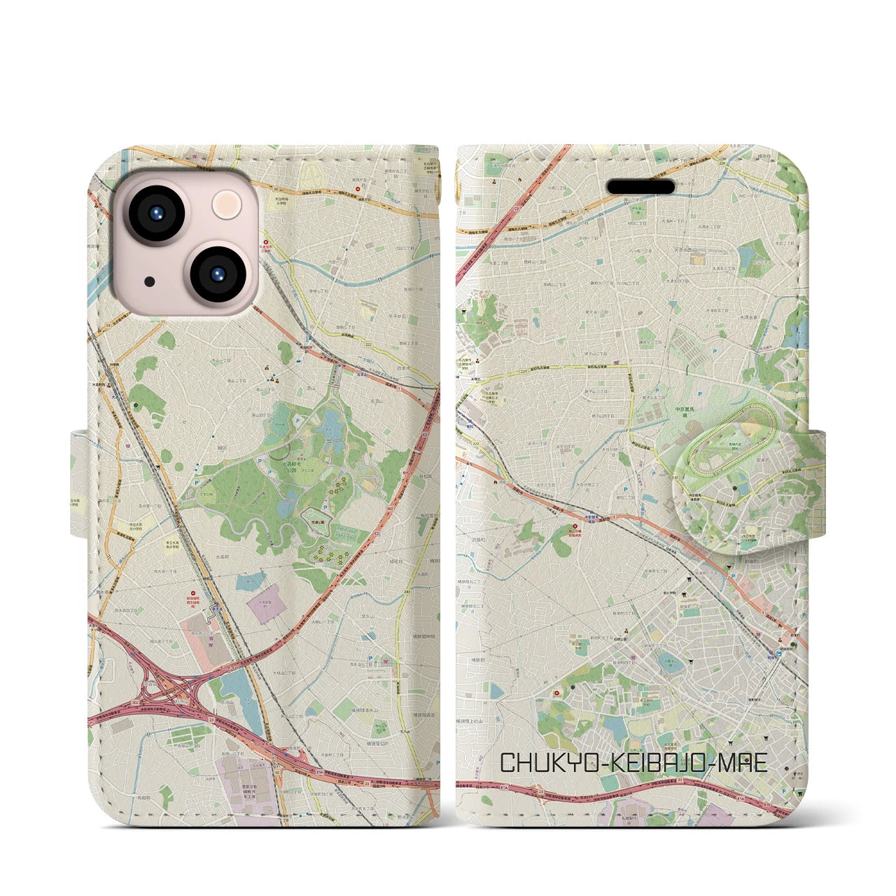 【中京競馬場前(愛知県)】地図柄iPhoneケース(手帳タイプ)ナチュラル・iPhone 13 mini 用