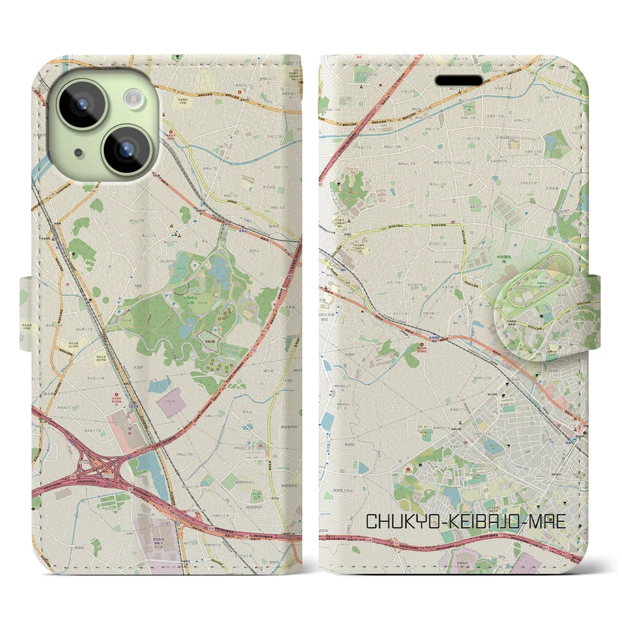 【中京競馬場前(愛知県)】地図柄iPhoneケース(手帳タイプ)ナチュラル・iPhone 15 用