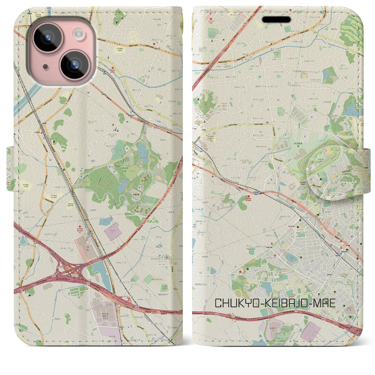 【中京競馬場前(愛知県)】地図柄iPhoneケース(手帳タイプ)ナチュラル・iPhone 15 Plus 用