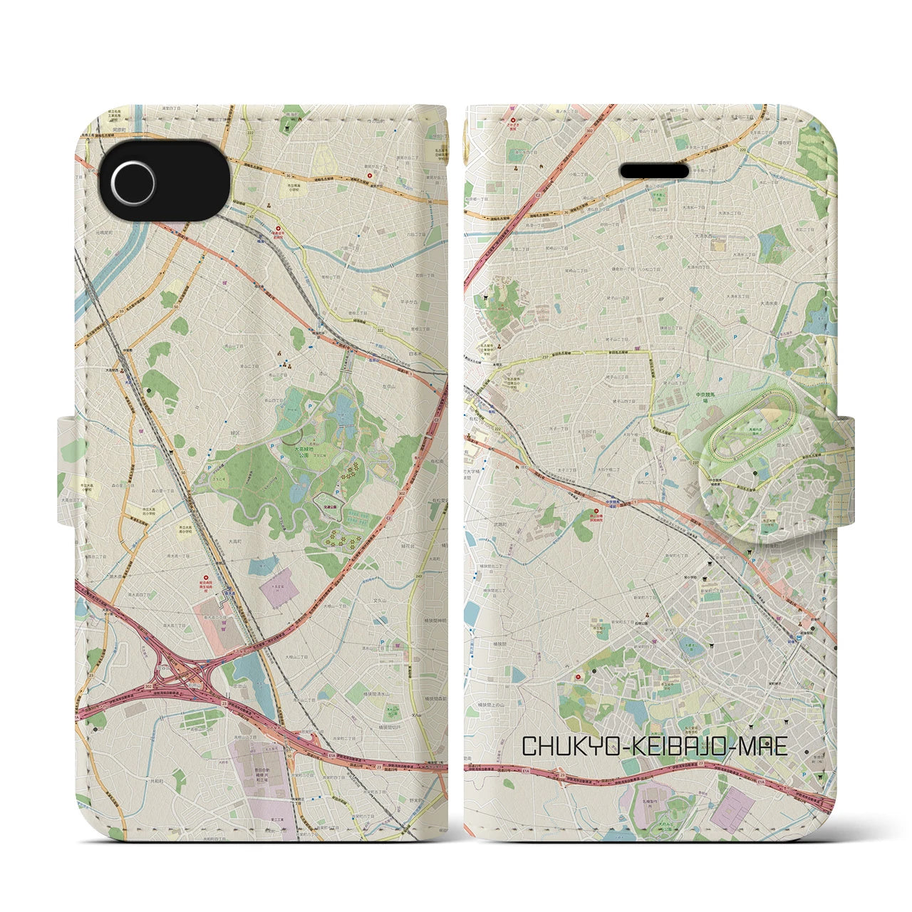 【中京競馬場前(愛知県)】地図柄iPhoneケース(手帳タイプ)ナチュラル・iPhone SE(第3 / 第2世代) / 8 / 7 / 6s / 6 用