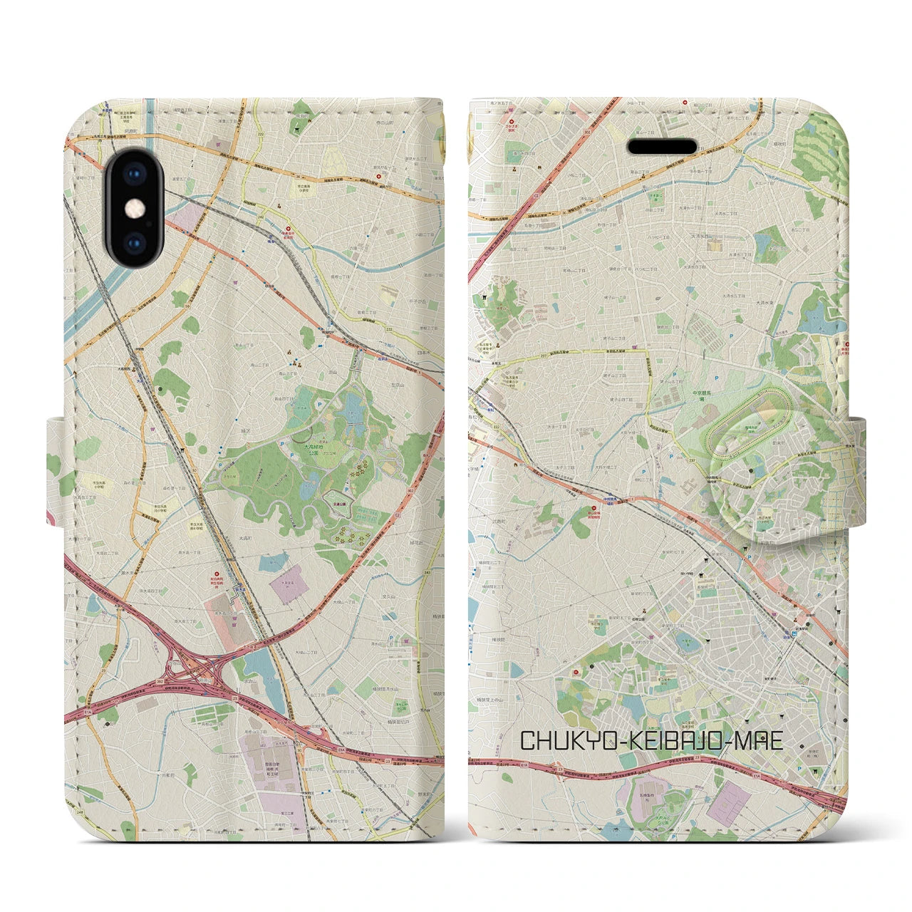 【中京競馬場前(愛知県)】地図柄iPhoneケース(手帳タイプ)ナチュラル・iPhone XS / X 用