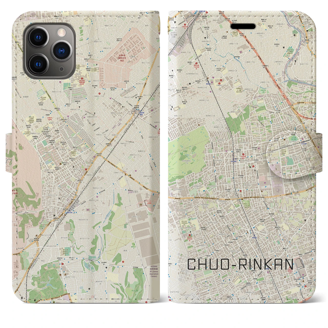 【中央林間(神奈川県)】地図柄iPhoneケース(手帳タイプ)ナチュラル・iPhone 11 Pro Max 用