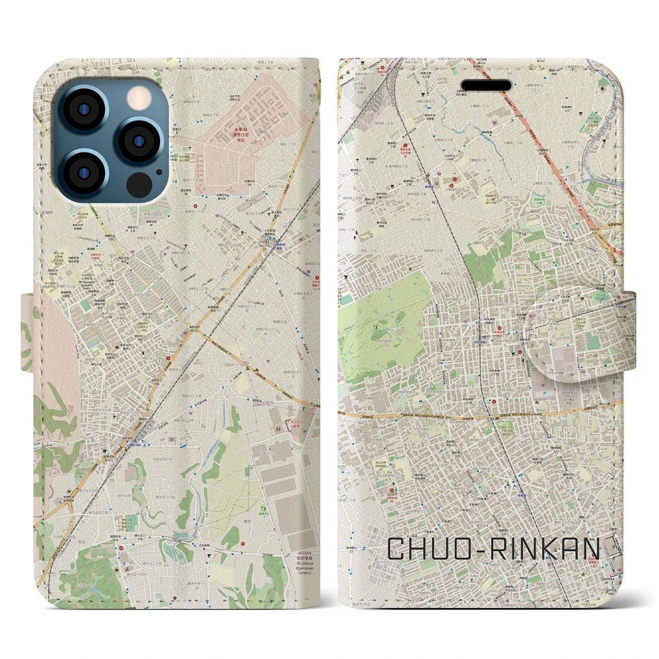 【中央林間(神奈川県)】地図柄iPhoneケース(手帳タイプ)ナチュラル・iPhone 12 / 12 Pro 用