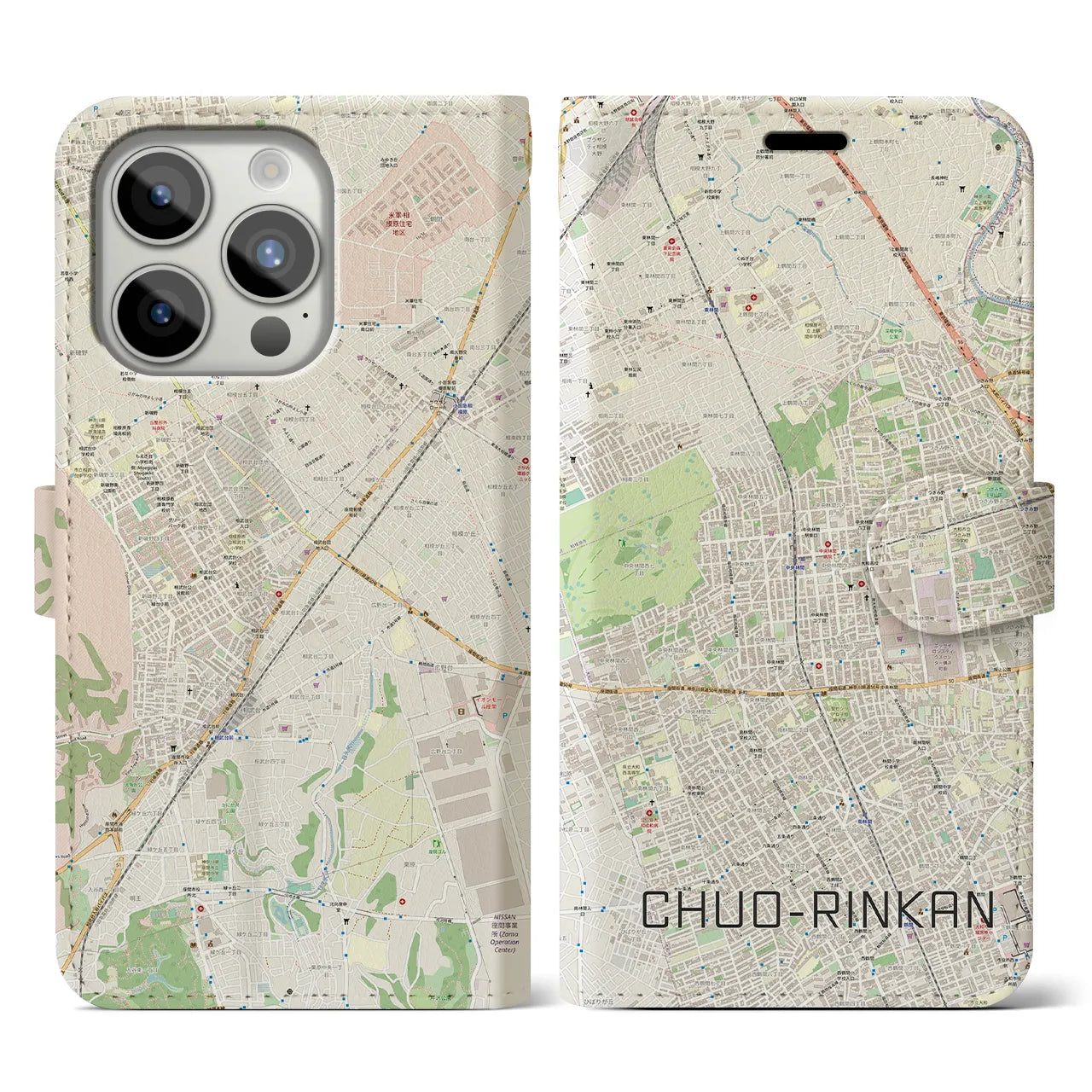 【中央林間(神奈川県)】地図柄iPhoneケース(手帳タイプ)ナチュラル・iPhone 15 Pro 用