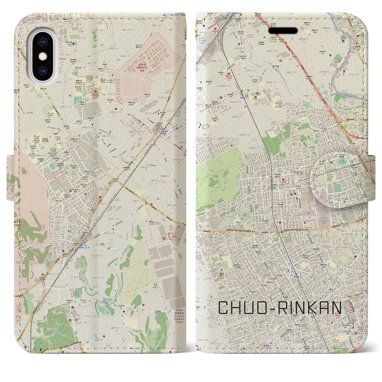【中央林間(神奈川県)】地図柄iPhoneケース(手帳タイプ)ナチュラル・iPhone XS Max 用