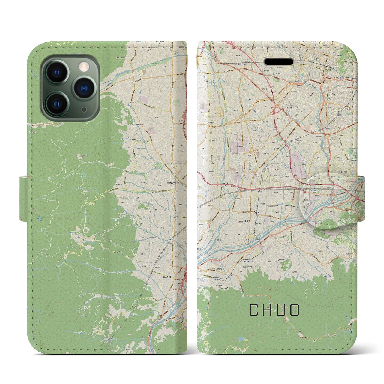 【中央(山梨県)】地図柄iPhoneケース(手帳タイプ)ナチュラル・iPhone 11 Pro 用