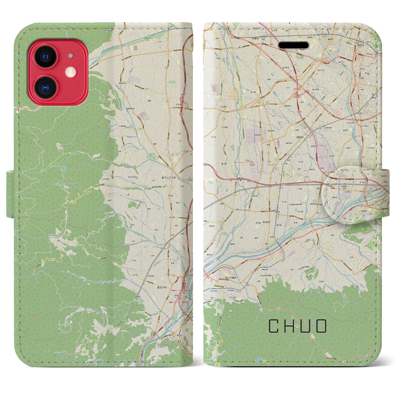【中央(山梨県)】地図柄iPhoneケース(手帳タイプ)ナチュラル・iPhone 11 用