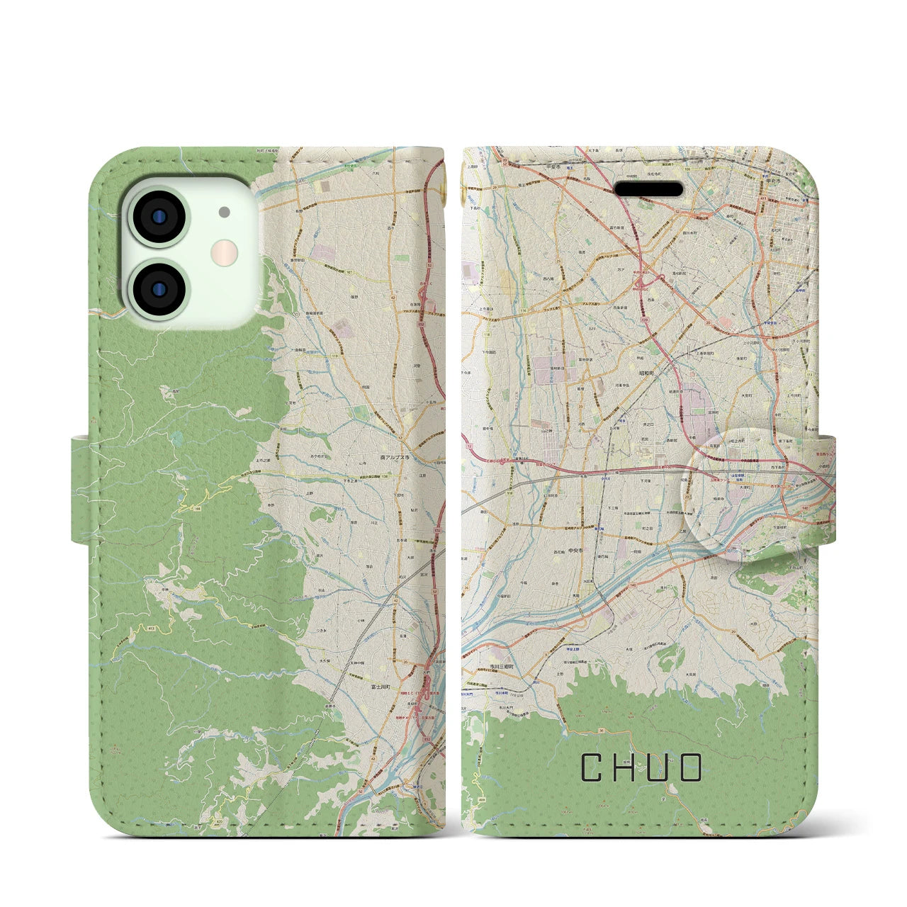 【中央(山梨県)】地図柄iPhoneケース(手帳タイプ)ナチュラル・iPhone 12 mini 用