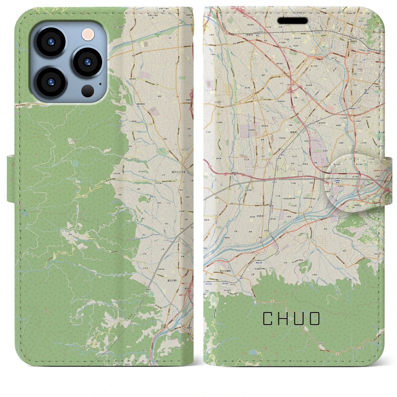 【中央(山梨県)】地図柄iPhoneケース(手帳タイプ)ナチュラル・iPhone 13 Pro Max 用