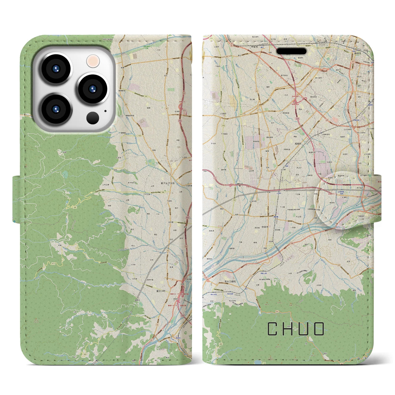 【中央(山梨県)】地図柄iPhoneケース(手帳タイプ)ナチュラル・iPhone 13 Pro 用