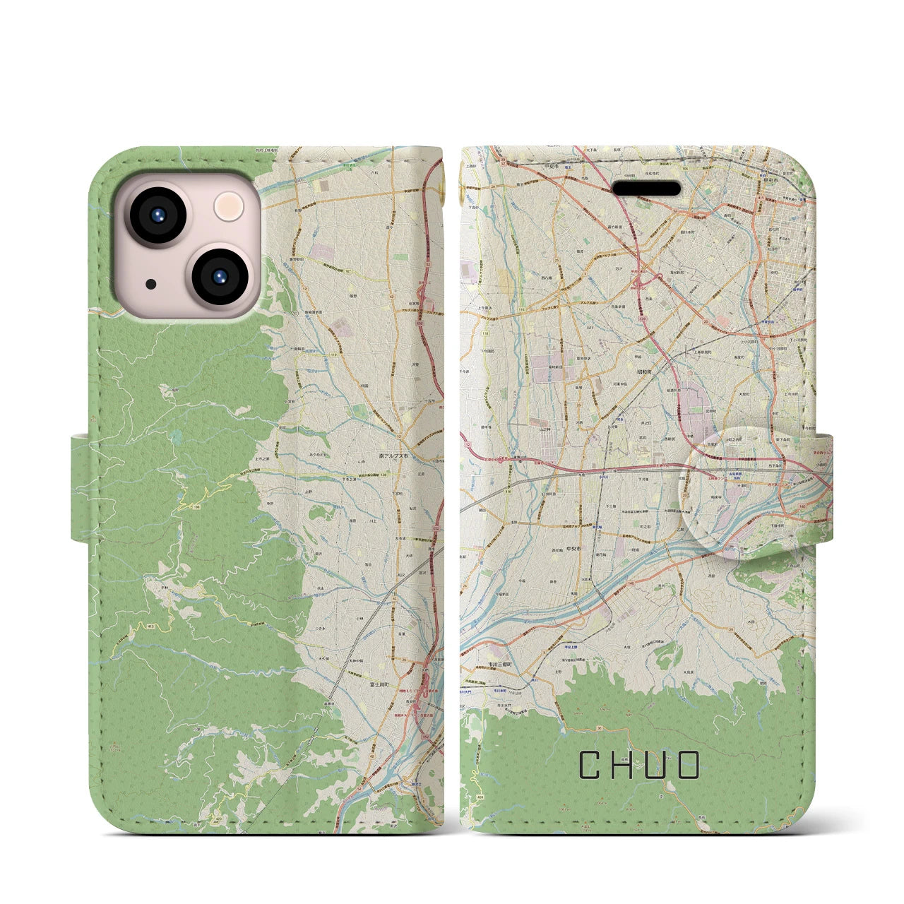 【中央(山梨県)】地図柄iPhoneケース(手帳タイプ)ナチュラル・iPhone 13 mini 用